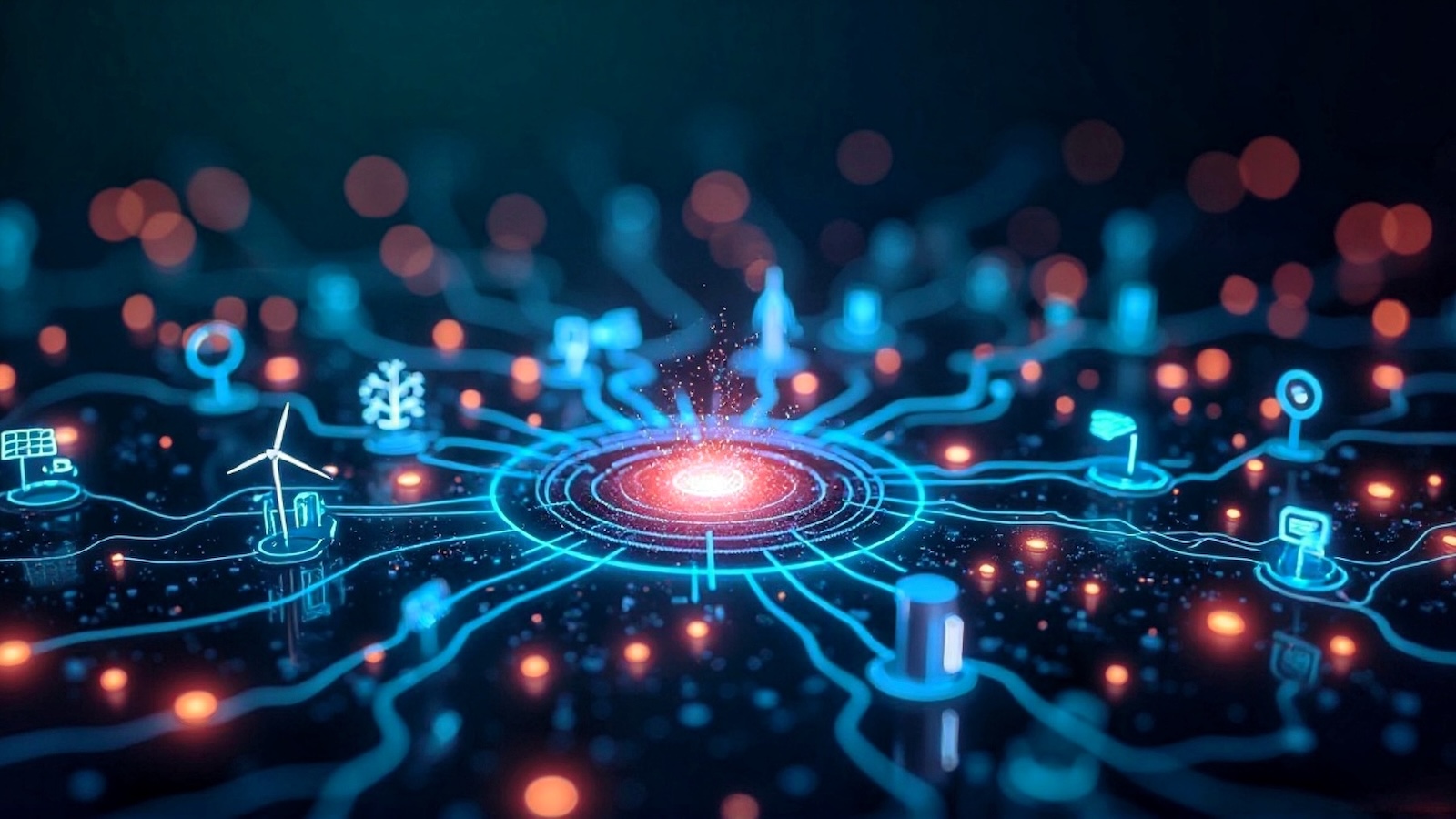 Abstract, futuristic digital network featuring icons of various smart and renewable energy technologies like solar, wind, and smart grid systems, illustrating a connected power network.