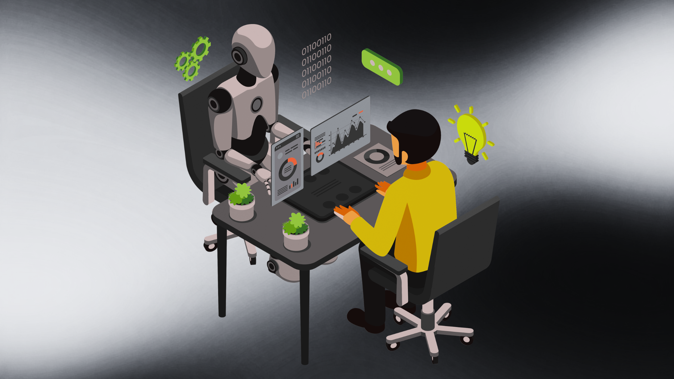 Man and robot sharing a desk and workin on a computer togther