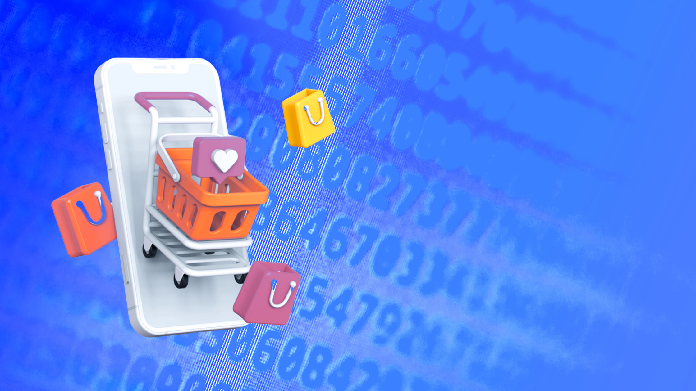A shopping card filled with bags over a mobile phone and blue background with numbers across