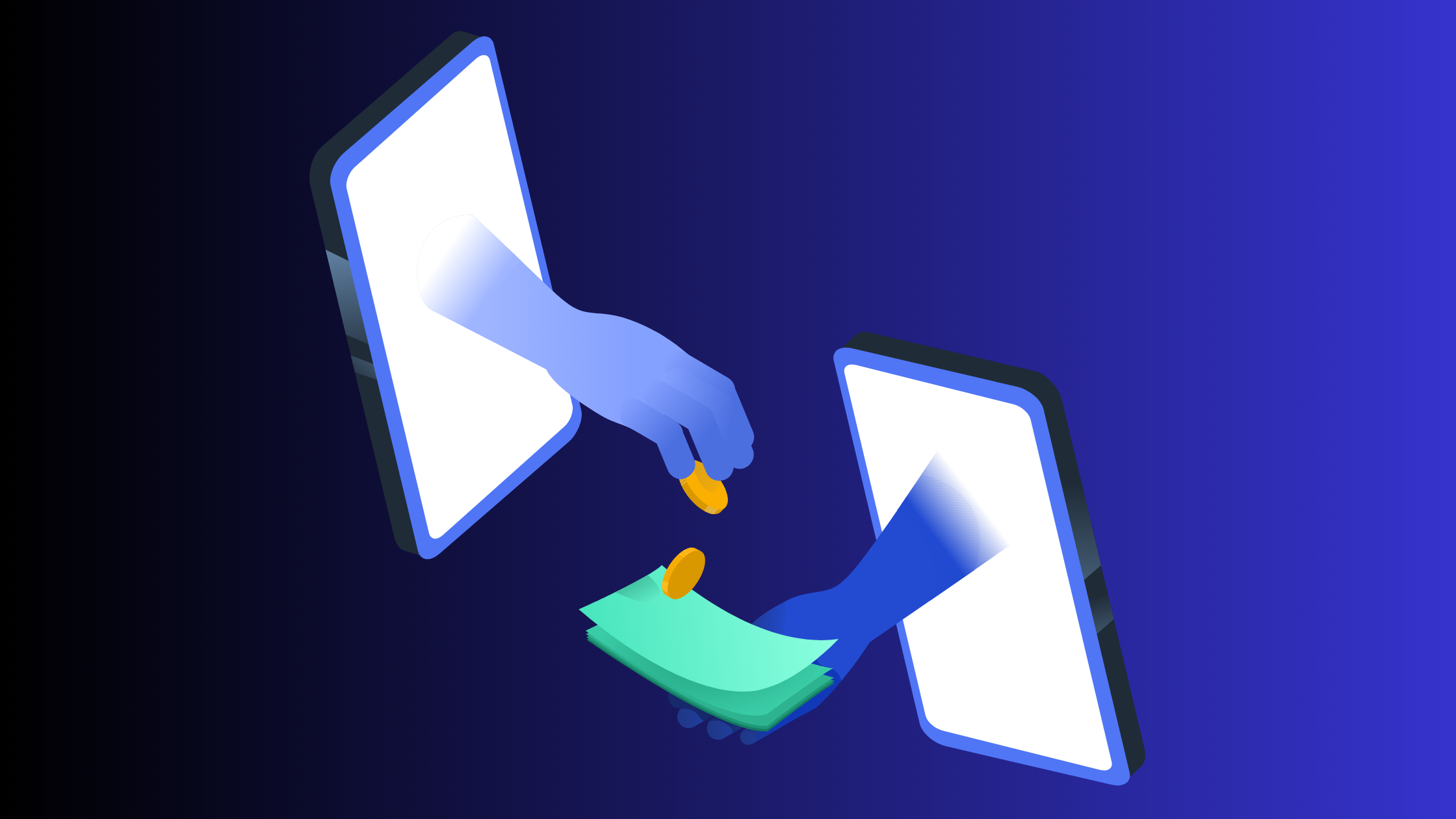 One hand coming out of a smartphone screen handing money to another hand coming out of an iphone screen