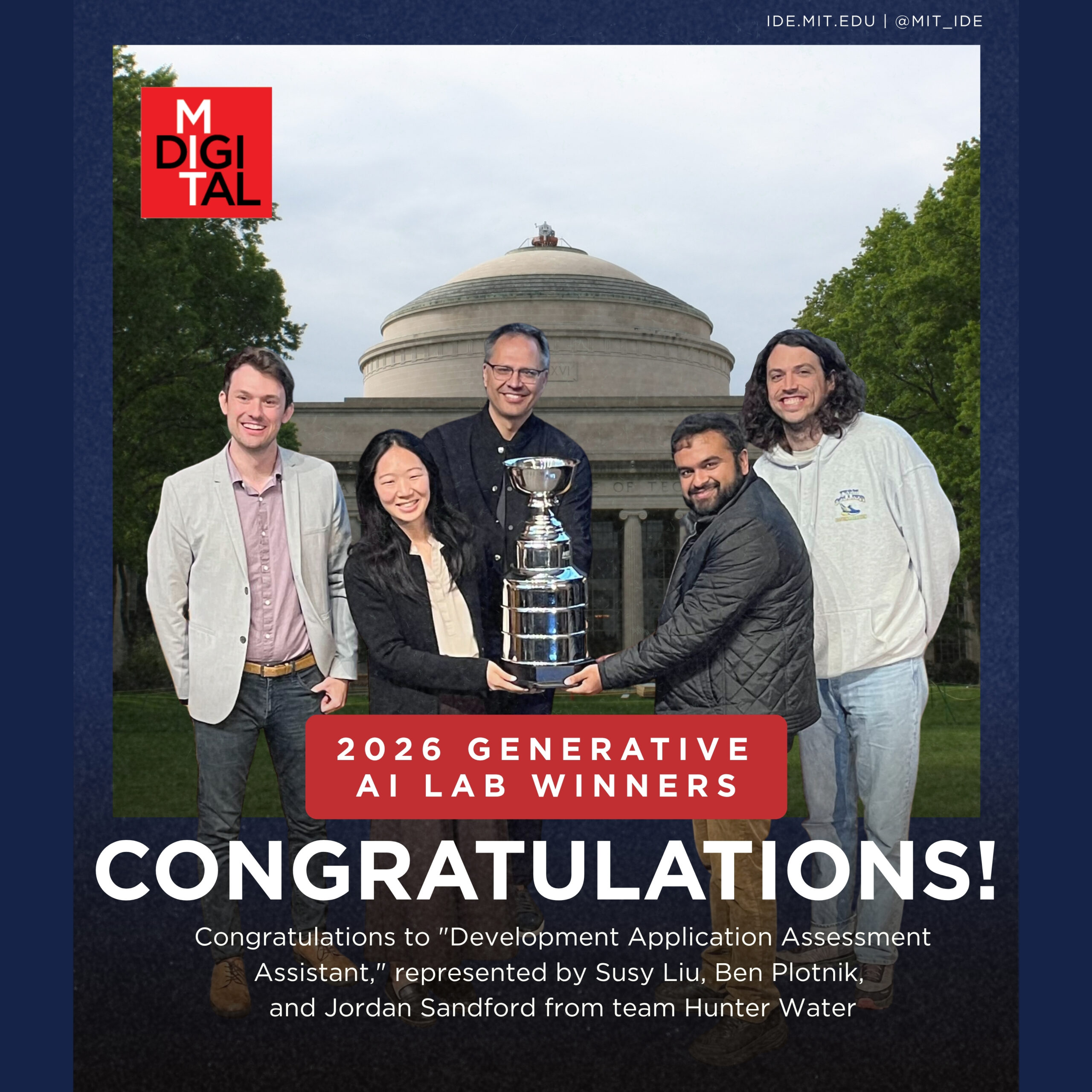 MIT Generative AI Lab winners for 2026, standing in front of the MIT dowm with a trophy