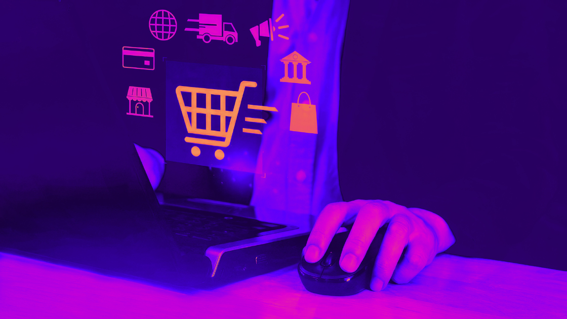 Man in front of a computer shopping on an app