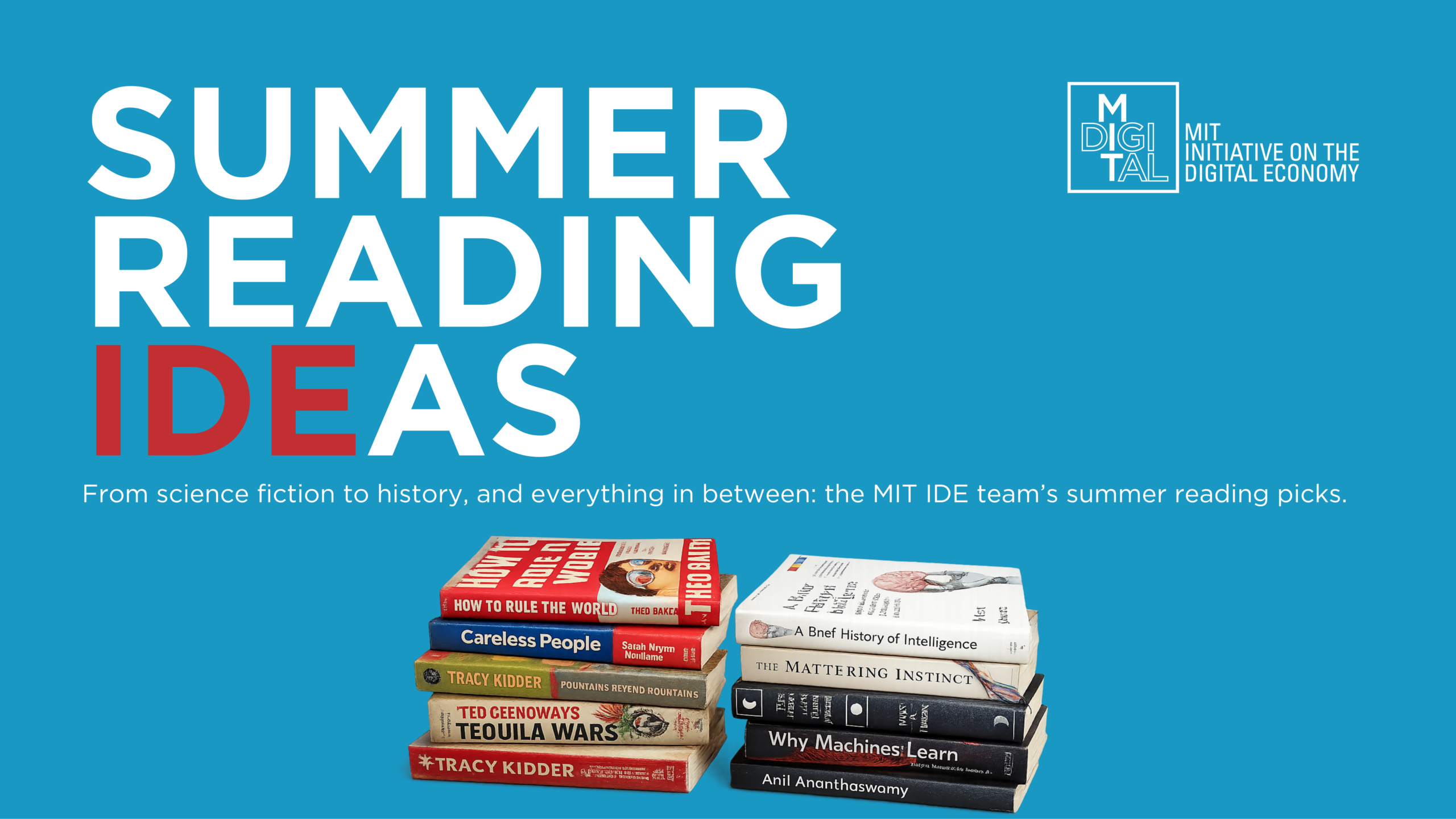 MIT IDE Summer Reading List promotional ad with books stacked on a blue background