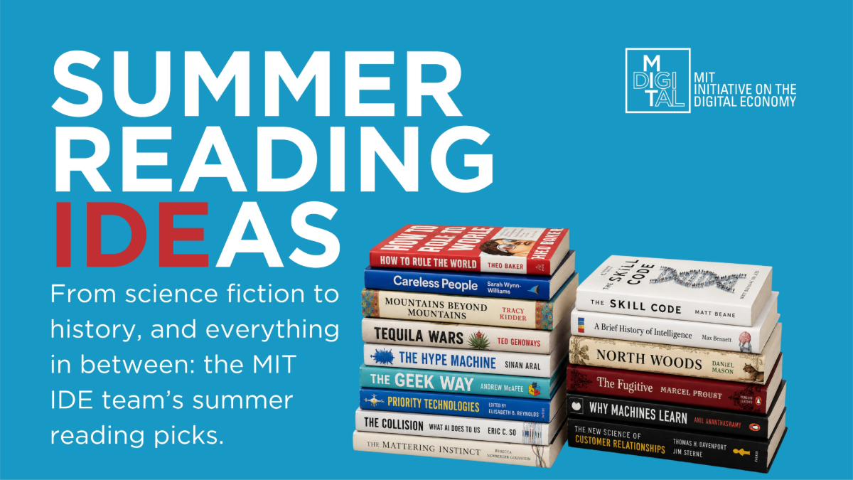 A pile of books on a blue bacground fomr the IDE Summer reading List