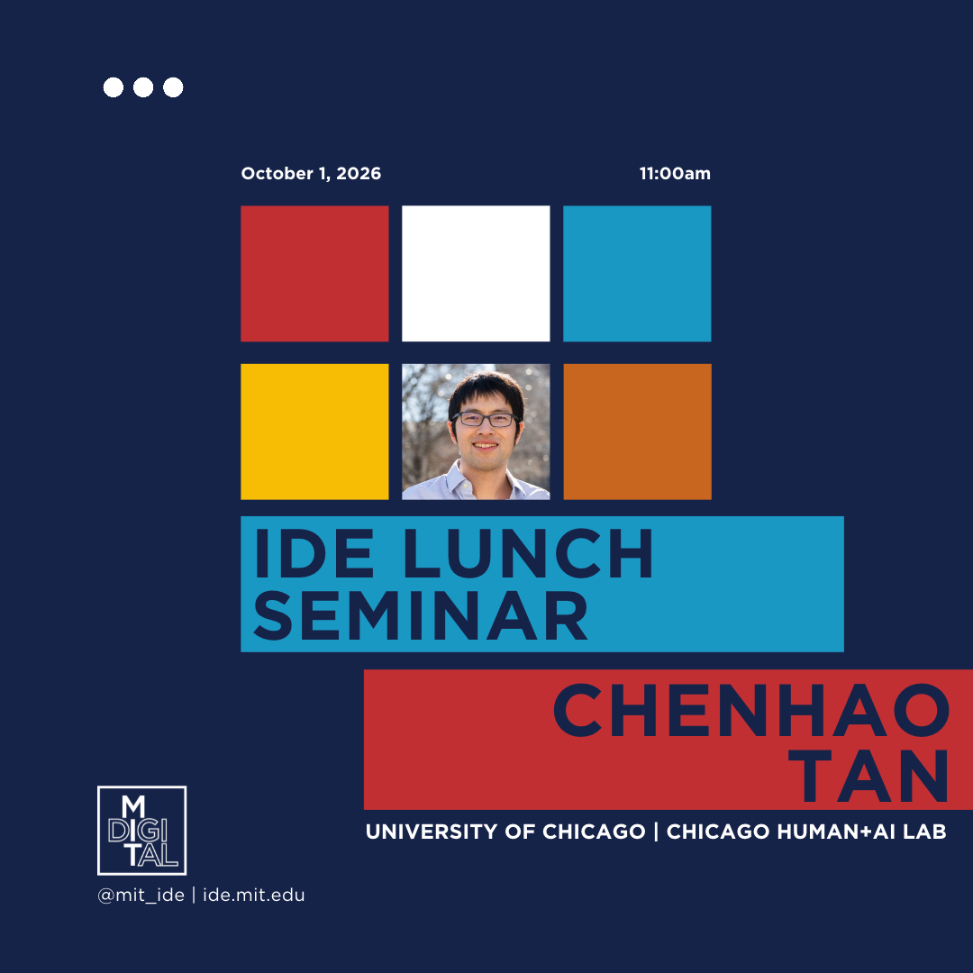 IDE Lunch Seminar Ad with multicolored squares and a pic of Chenhao Tan