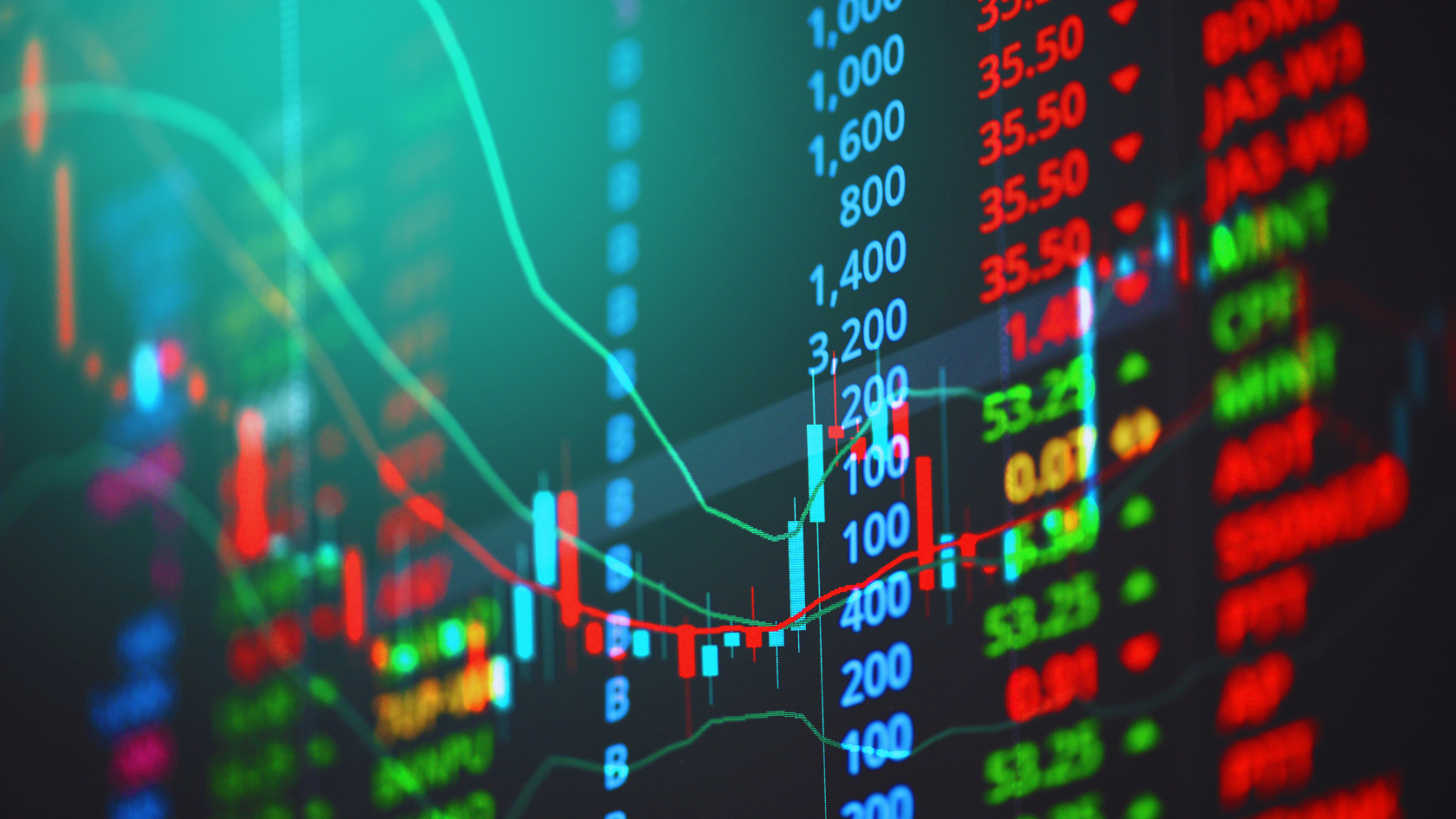 Stock market ticker and numbers on an electric board