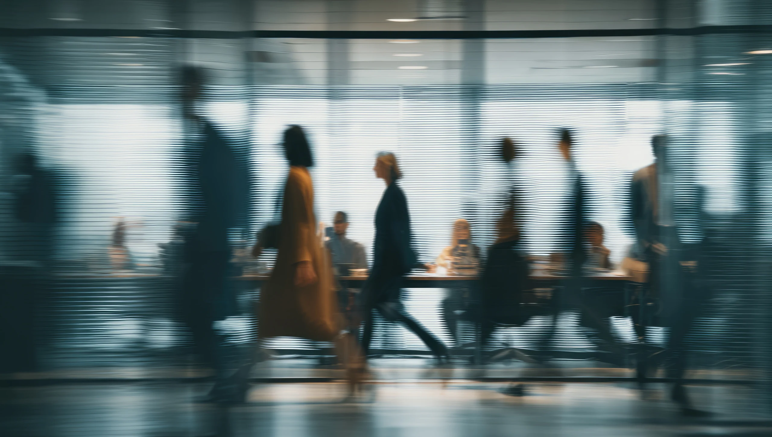 People in an office building walking down a hallway